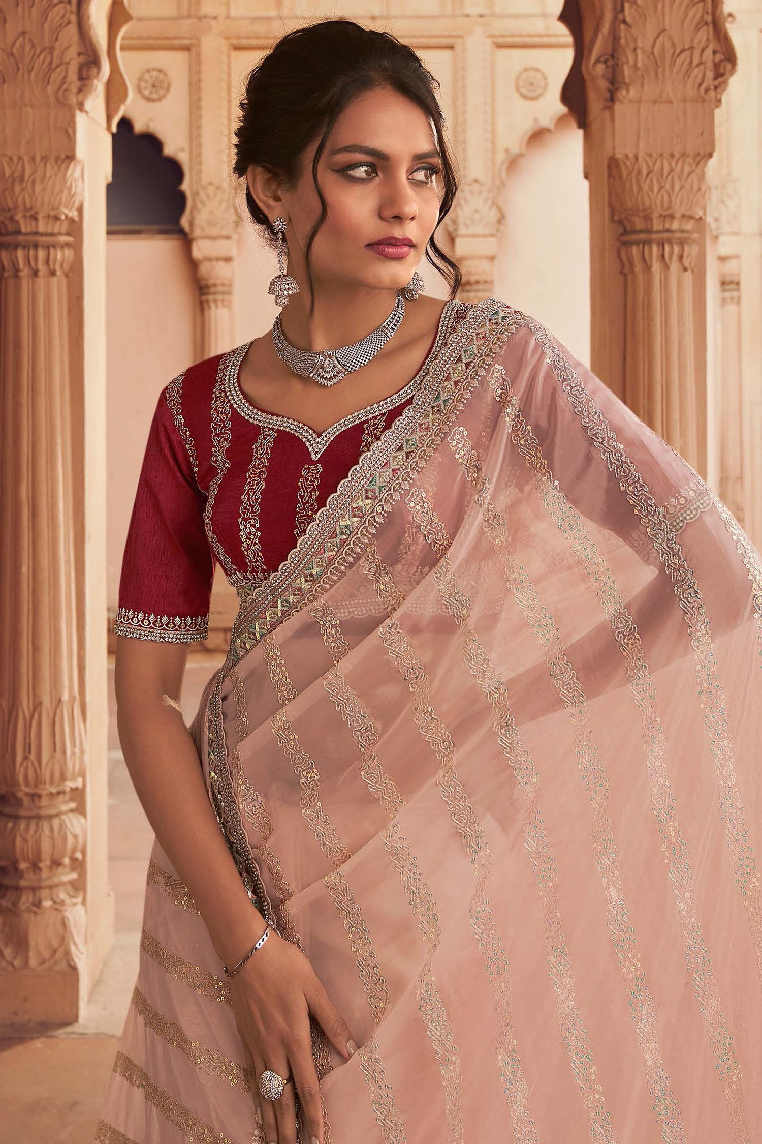 MySilkLove Old Rose Peach Organza Silk with Embroidered Designer Saree