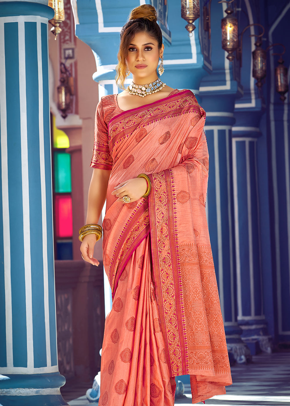Buy MySilkLove Flesh Pink Woven Banarasi Silk Saree Online