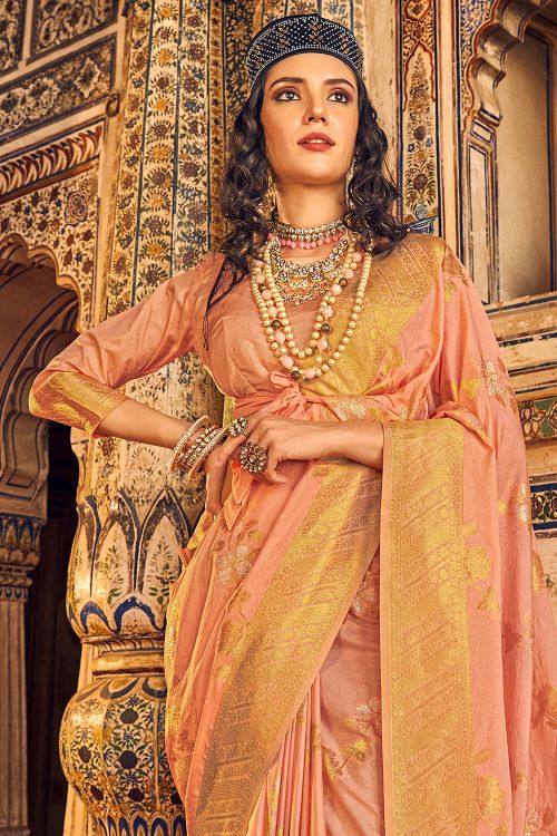 Buy MySilkLove Melon Peach Woven Georgette Saree Online