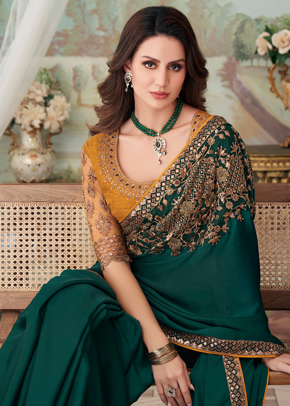 MySilkLove Plantation Green Designer Embroidered Satin Silk Saree