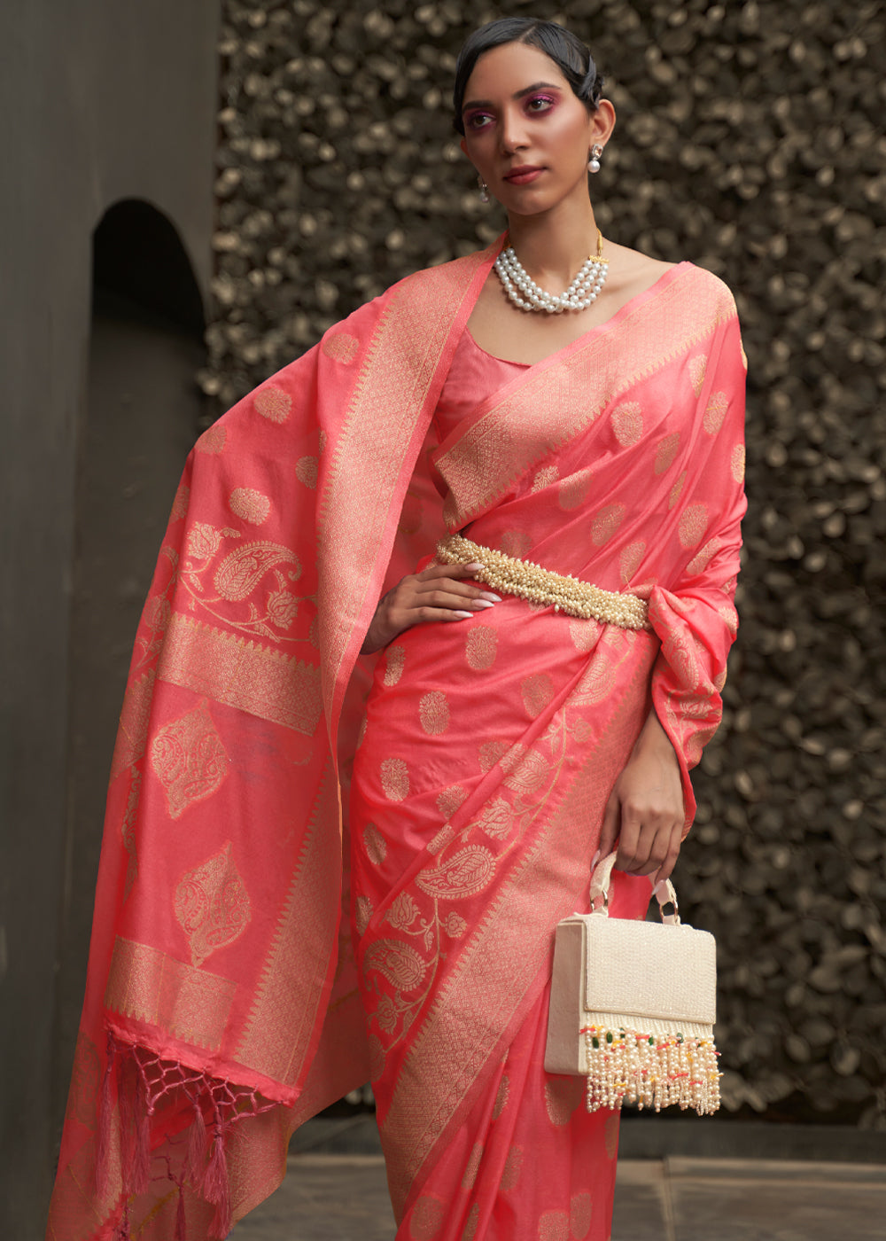 Buy MySilkLove Apricot Peach Woven Banarasi Chiffon Saree Online