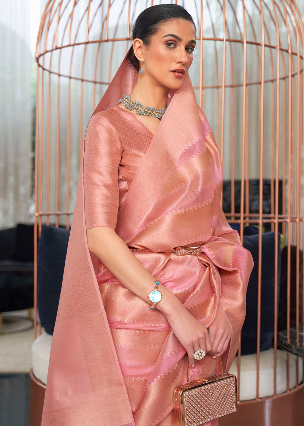 MySilkLove Geraldine Pink Woven Organza Banarasi Silk Saree
