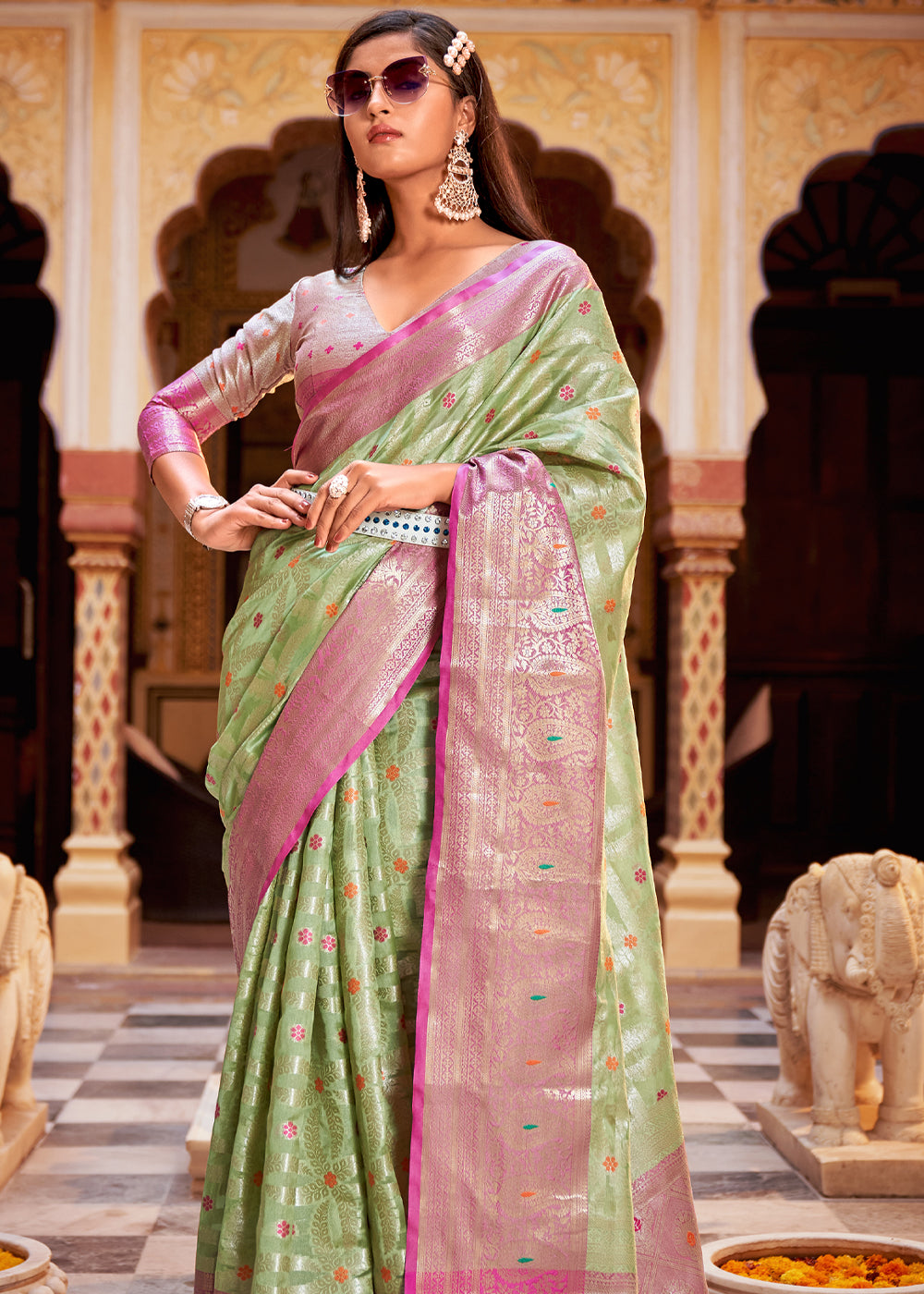 MySilkLove Misty Moss Green Banarasi Tissue Woven Silk Saree