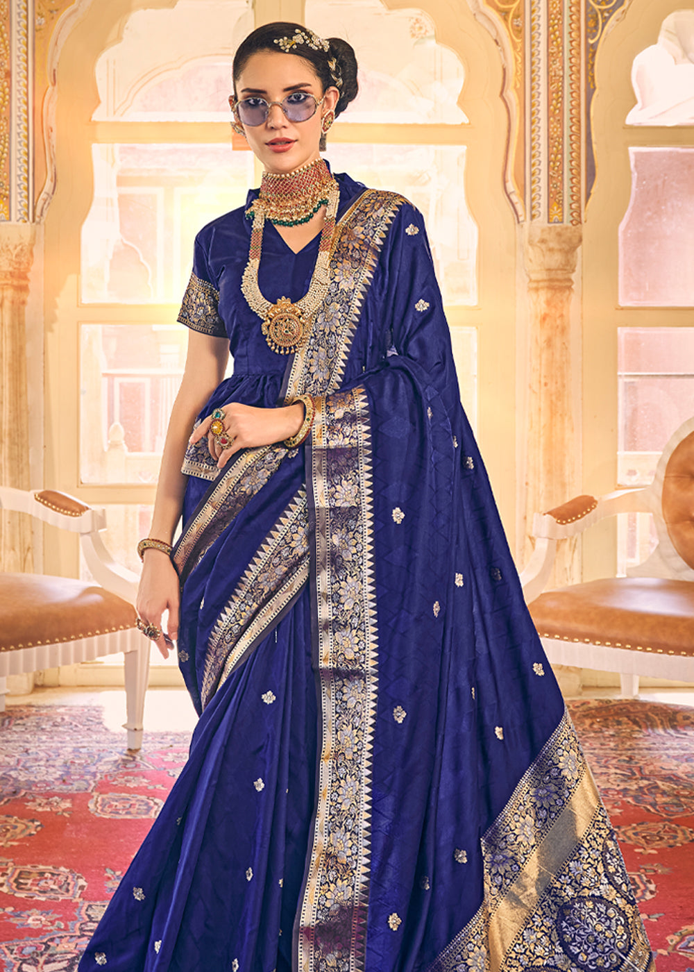 Buy MySilkLove Cloud Burst Blue Woven Banarasi Satin Silk Saree Online