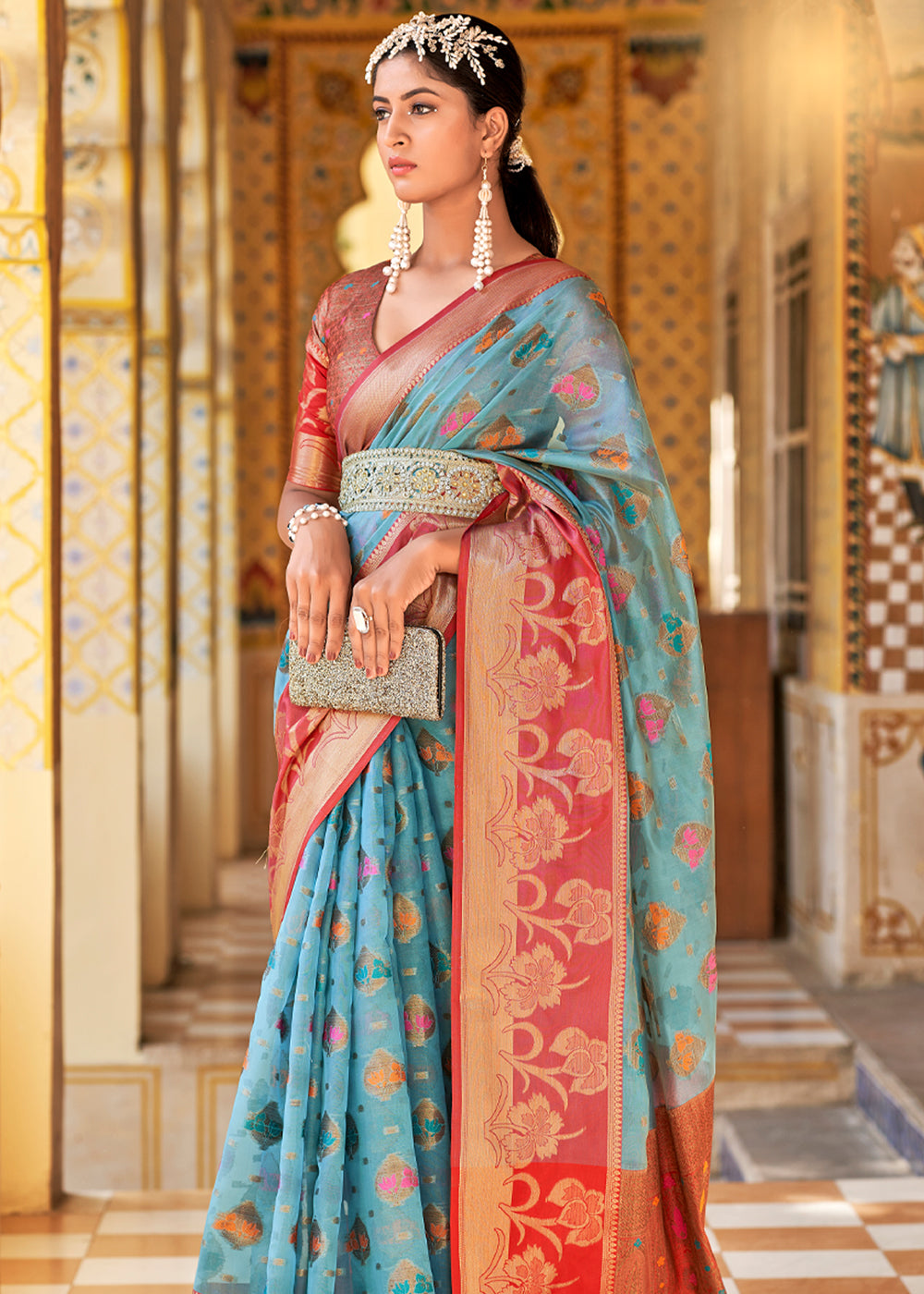 MySilkLove Glacier Blue and Red Banarasi Tissue Woven Silk Saree