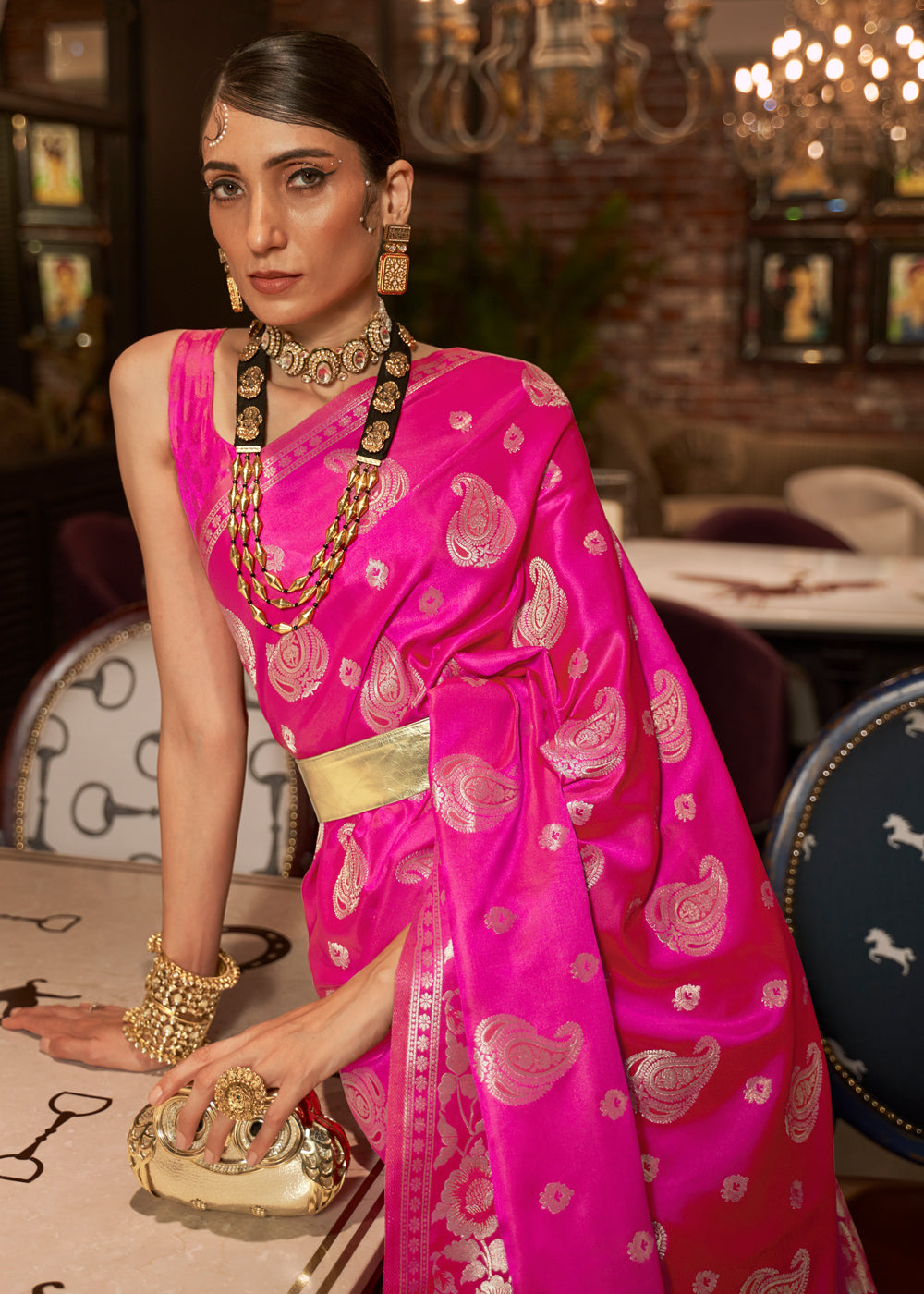 Buy MySilkLove Winter Sky Pink Banarasi Woven Satin Silk Saree Online