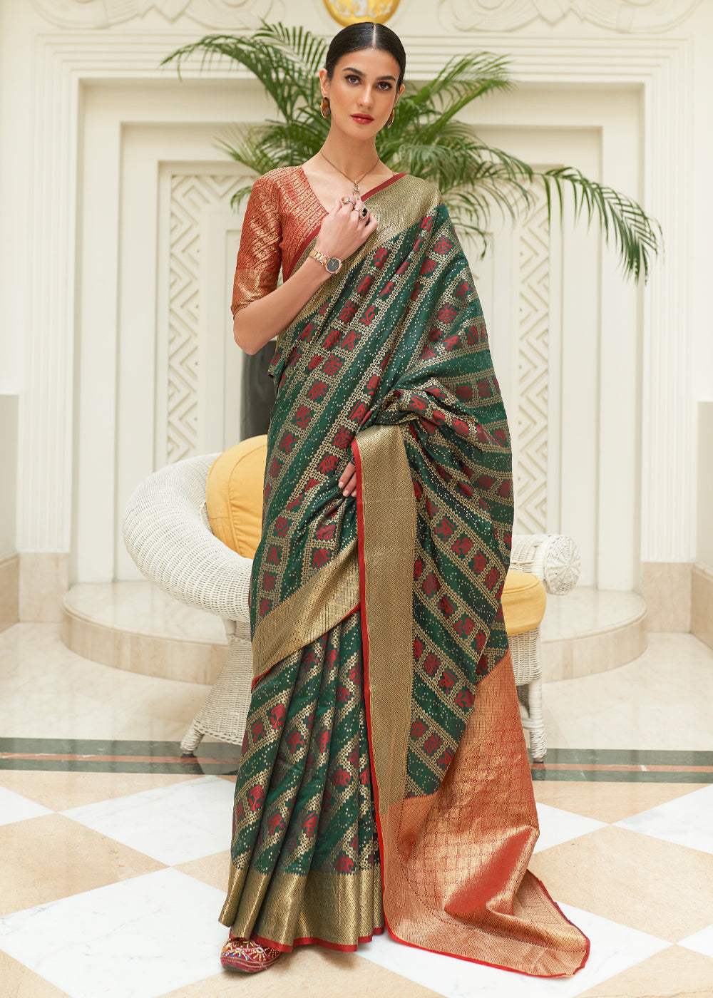 Buy MySilkLove Glade Green Woven Patola Saree Online