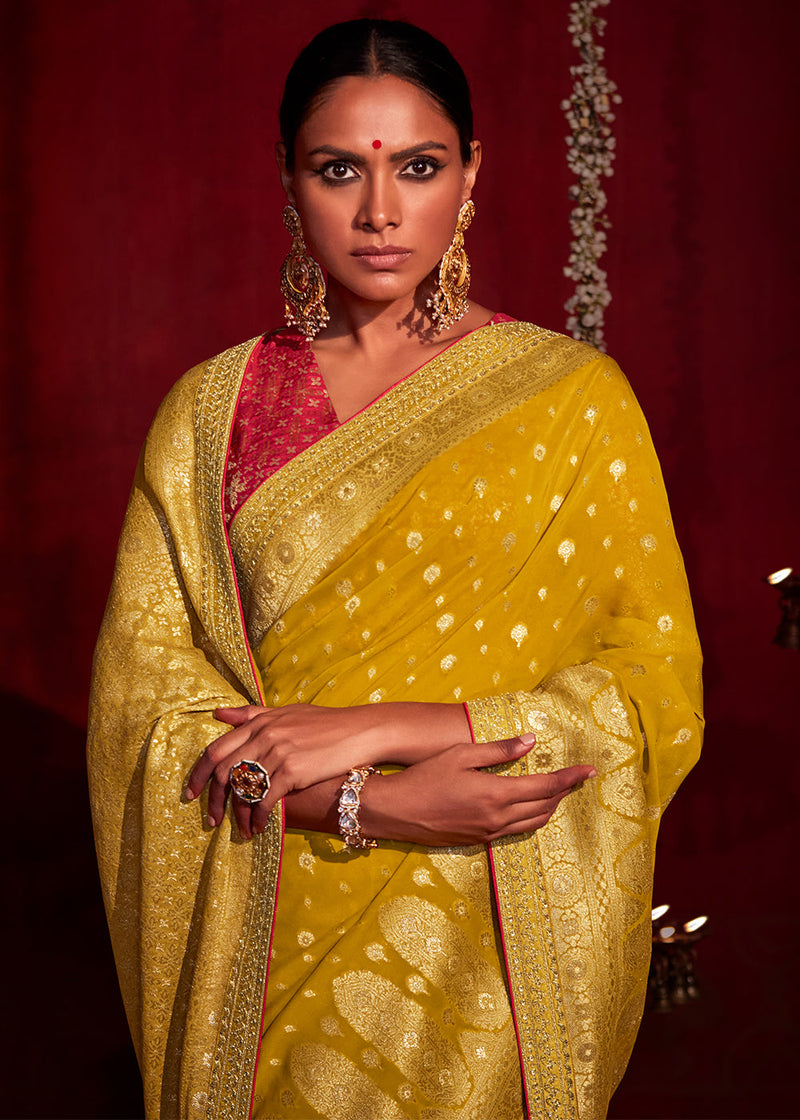 Yellow Handwoven Banarasi Kadhua Tussar Georgette Saree - Shivangi Kasliwal