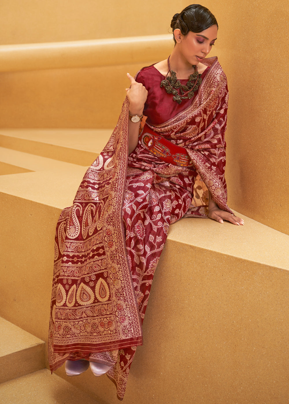 Buy MySilkLove Dark Burgundy Brown Woven Lucknowi Banarasi Saree Online