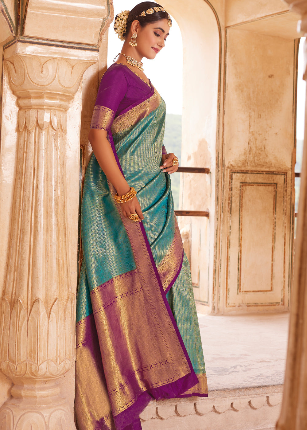 Buy MySilkLove Oxley Blue and Purple Woven Kanjivram Silk Saree Online