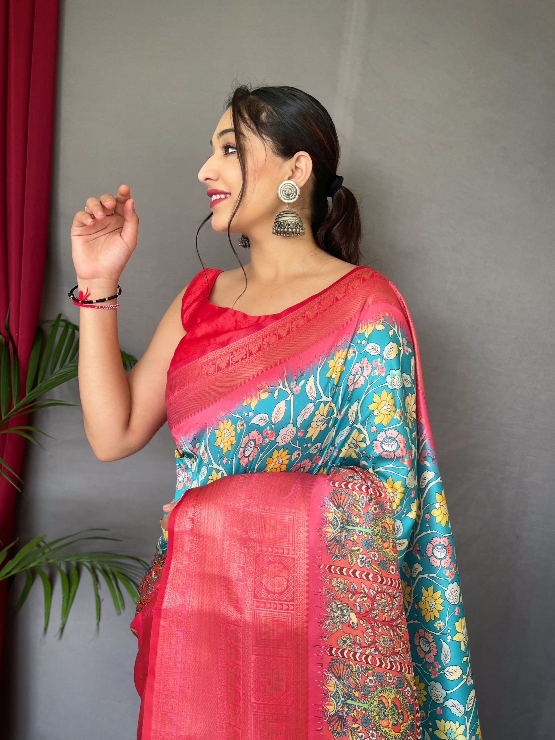 Buy MySilkLove Stream Blue and Pink Kalamkari Saree Online