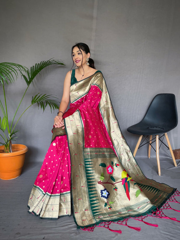 Wild Strawberry Pink Polka Paithani Woven Silk Saree