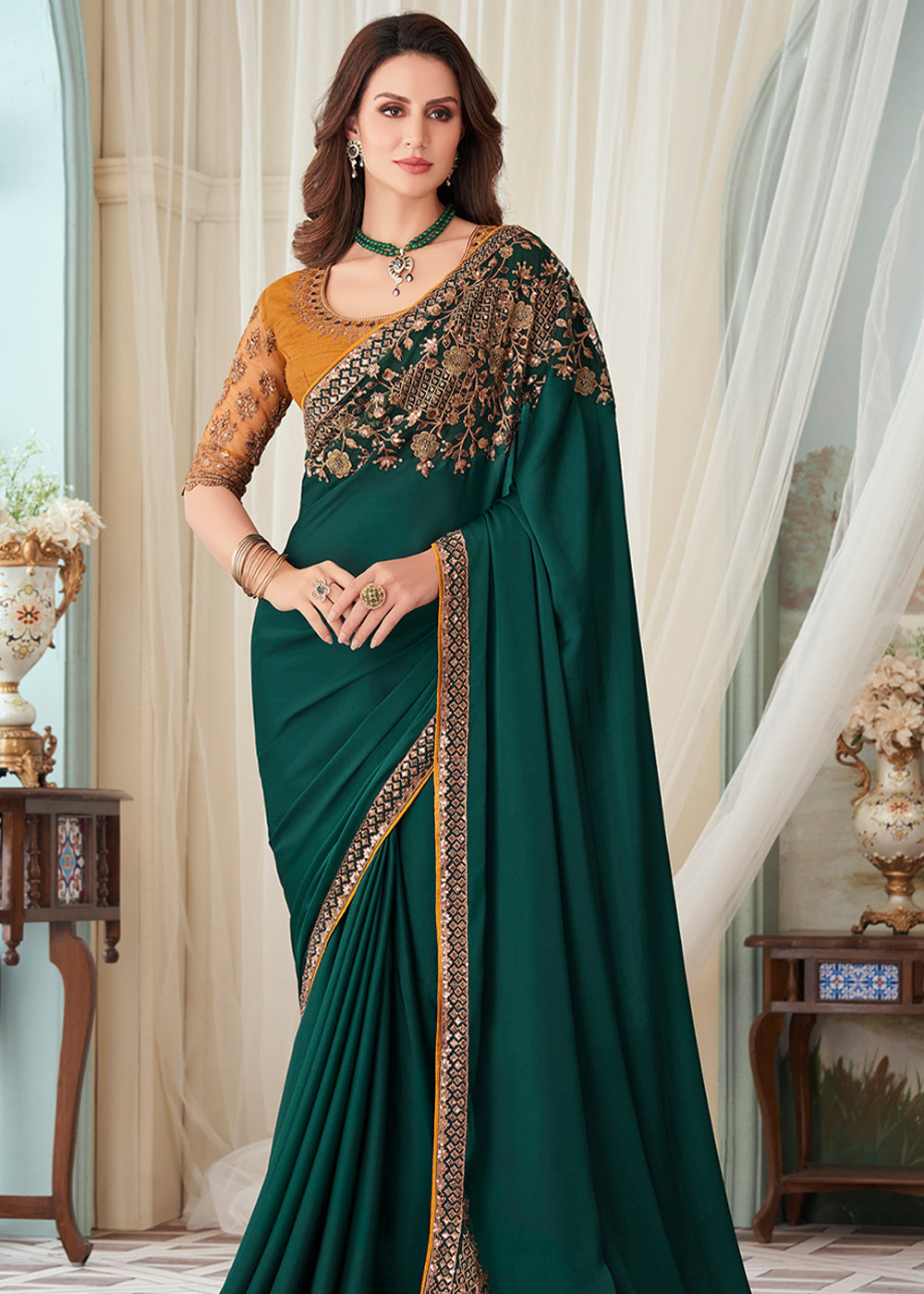 Buy MySilkLove Plantation Green Designer Embroidered Satin Silk Saree Online