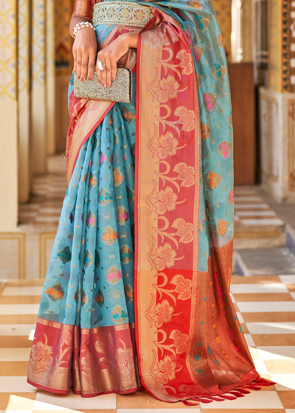 Buy MySilkLove Glacier Blue and Red Banarasi Tissue Woven Silk Saree Online