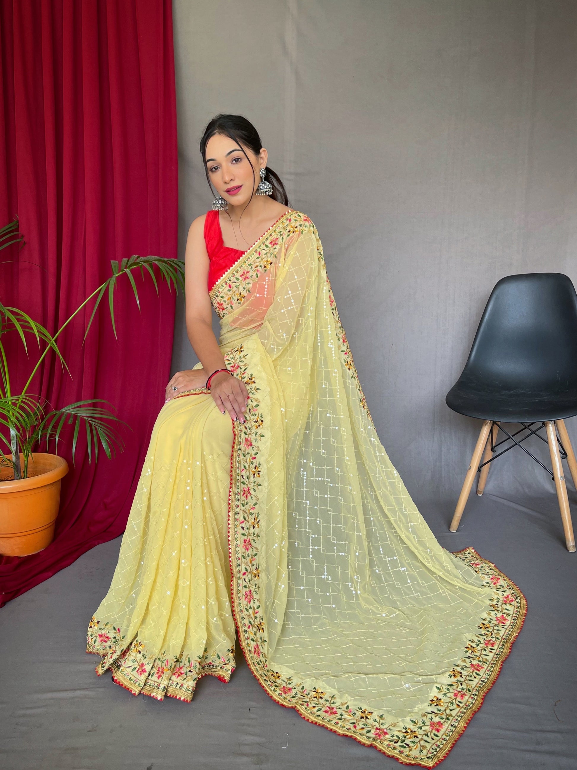 Buy MySilkLove Lemon Yellow Georgette Sequins Designer Saree with Embroidered Border Online