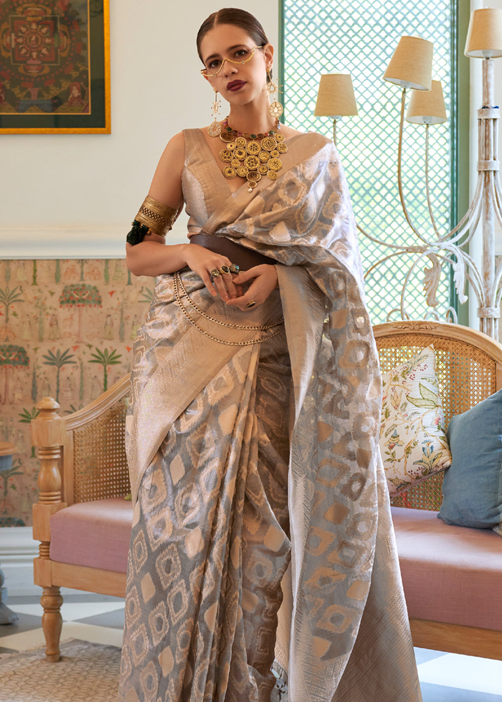 Buy MySilkLove Cement Grey Woven Banarasi Tissue Silk Saree Online