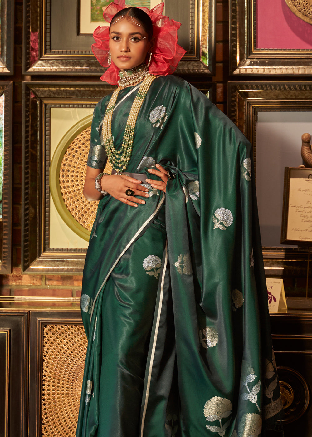 Buy MySilkLove Mineral Dark Green Woven Banarasi Satin Silk Saree Online