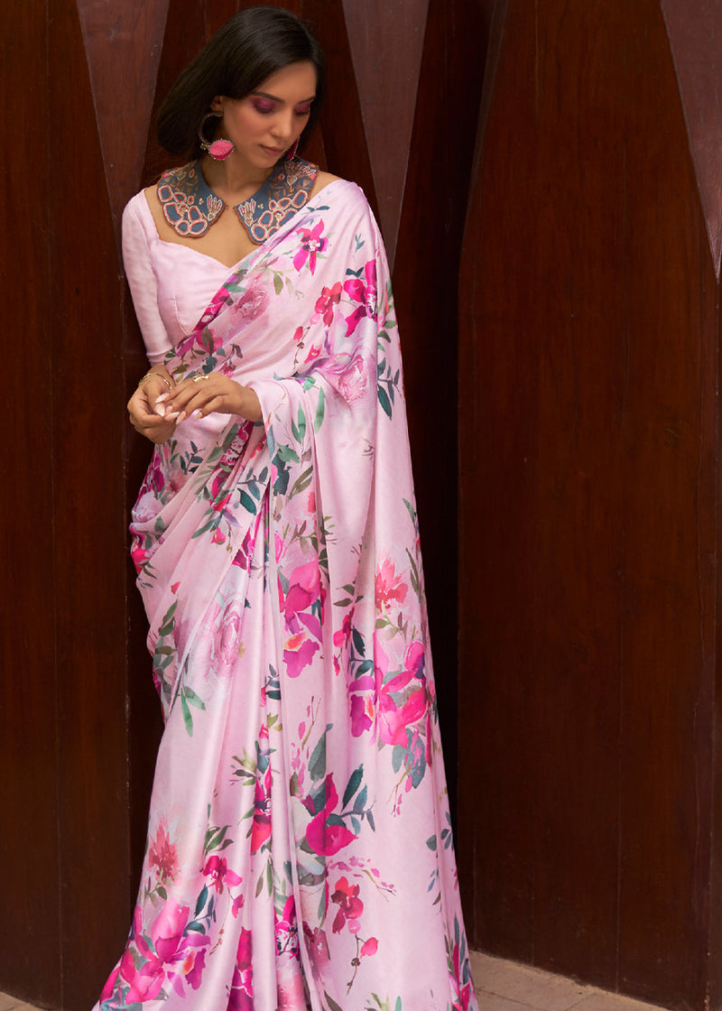 Royal Pink Floral Printed Satin Silk Saree