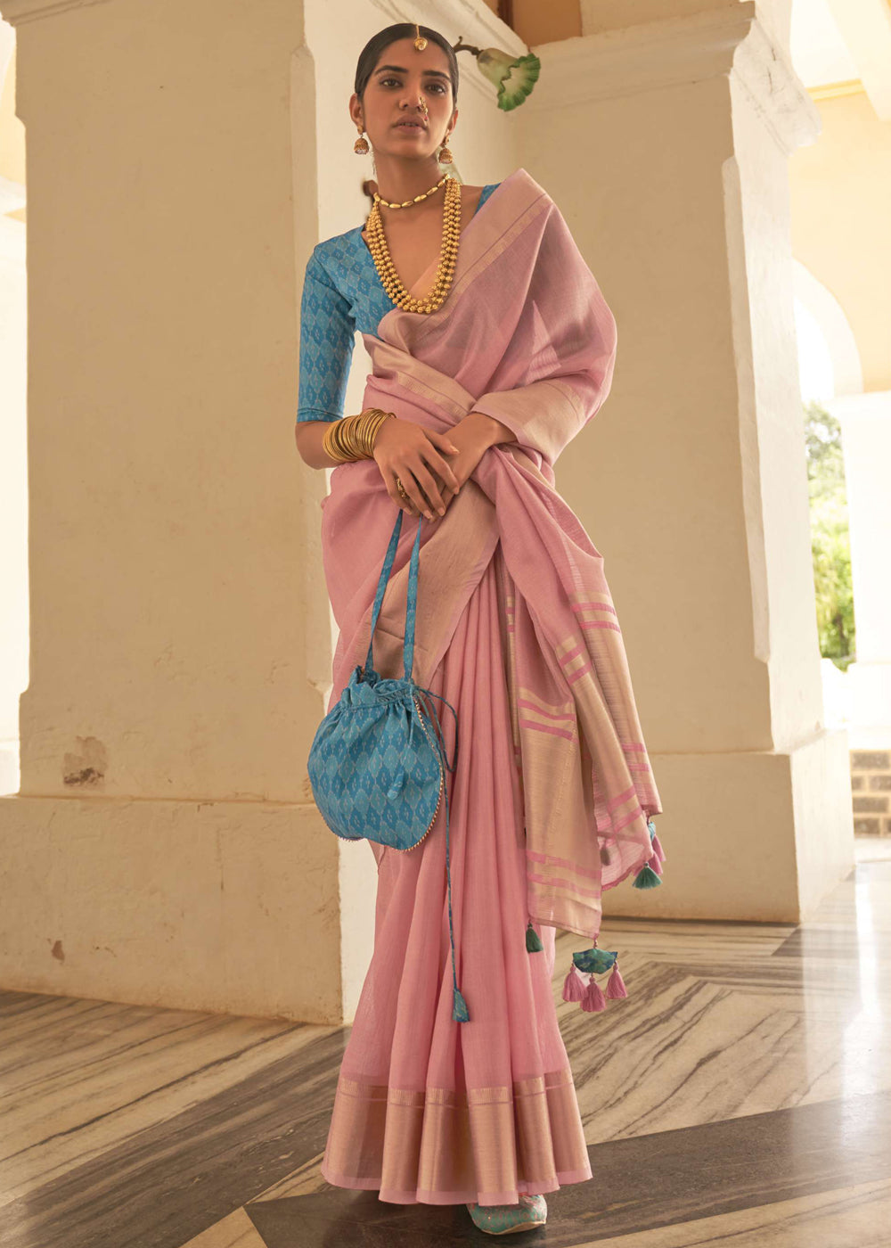 Buy MySilkLove New York Pink and Blue Organza Silk Saree Online