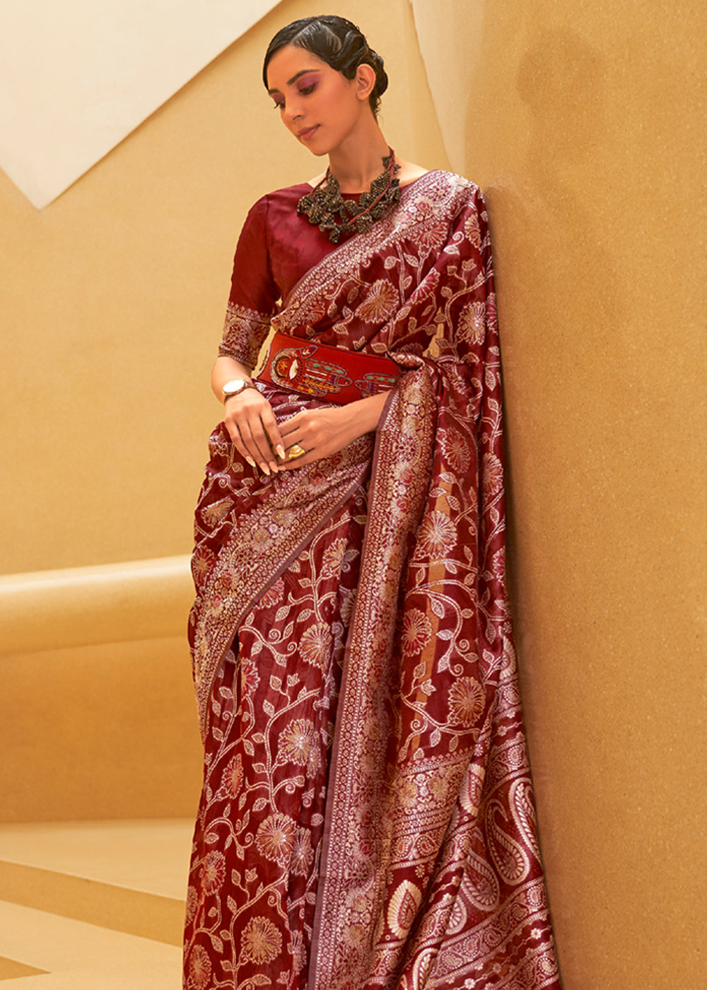 Buy MySilkLove Dark Burgundy Brown Woven Lucknowi Banarasi Saree Online