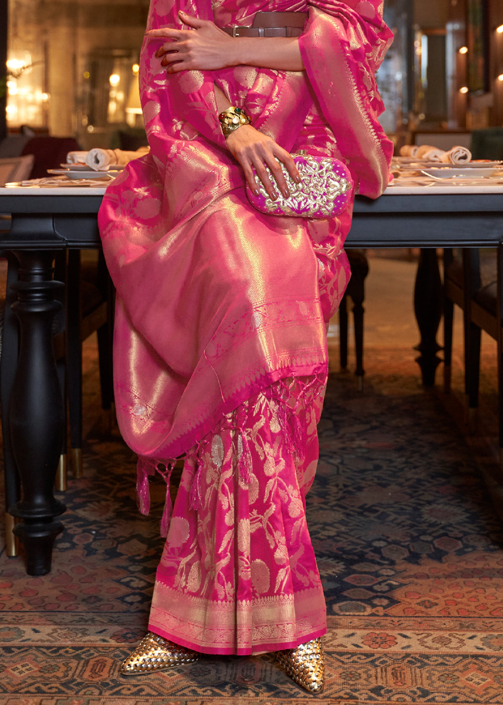 Buy MySilkLove Cranberry Pink Banarasi Brocade Silk Saree Online