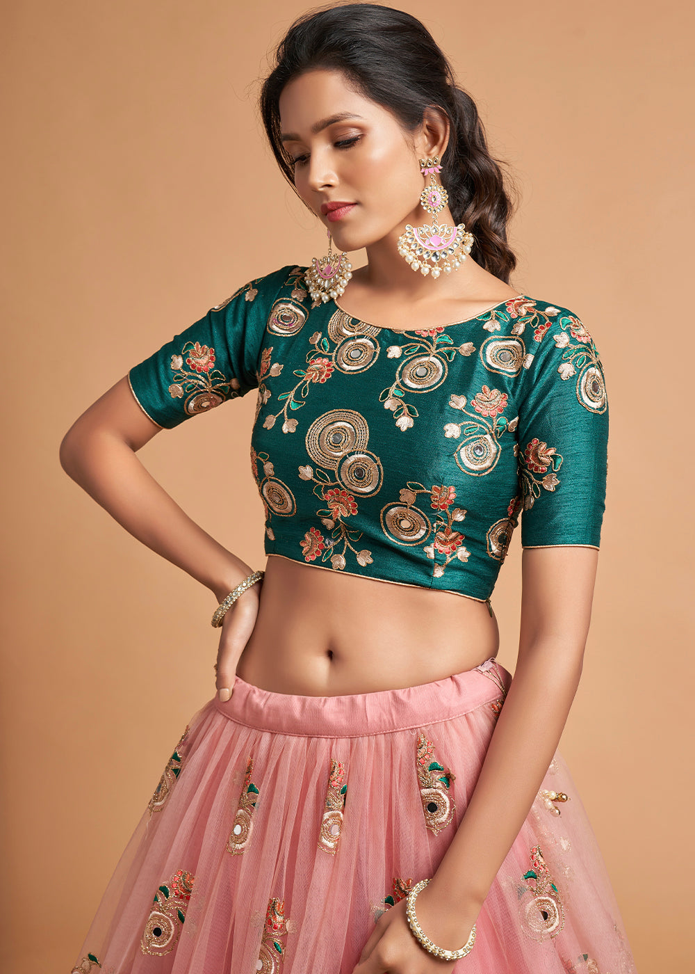 Buy MySilkLove Copper Pink Designer Soft Net Lehenga Choli Online