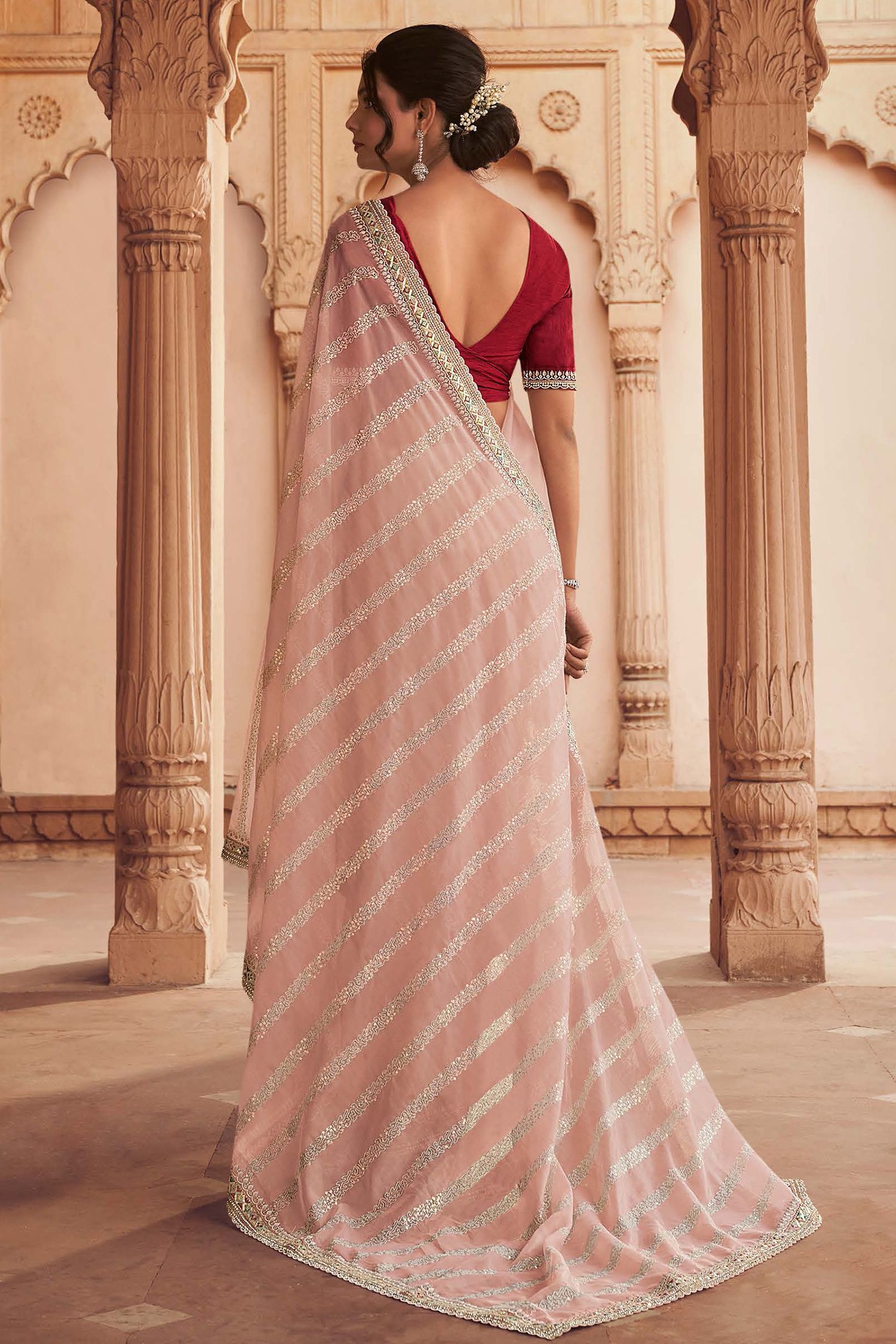 Buy MySilkLove Old Rose Peach Organza Silk with Embroidered Designer Saree Online