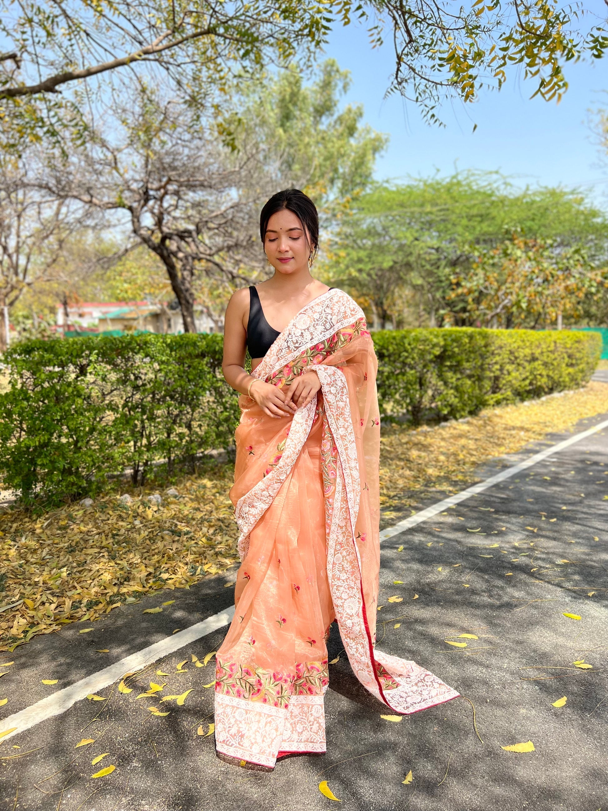 Buy MySilkLove Peach Lucknowi Chikankari Organza Silk Saree Online