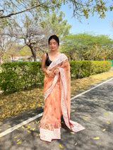 Peach Lucknowi Chikankari Organza Silk Saree