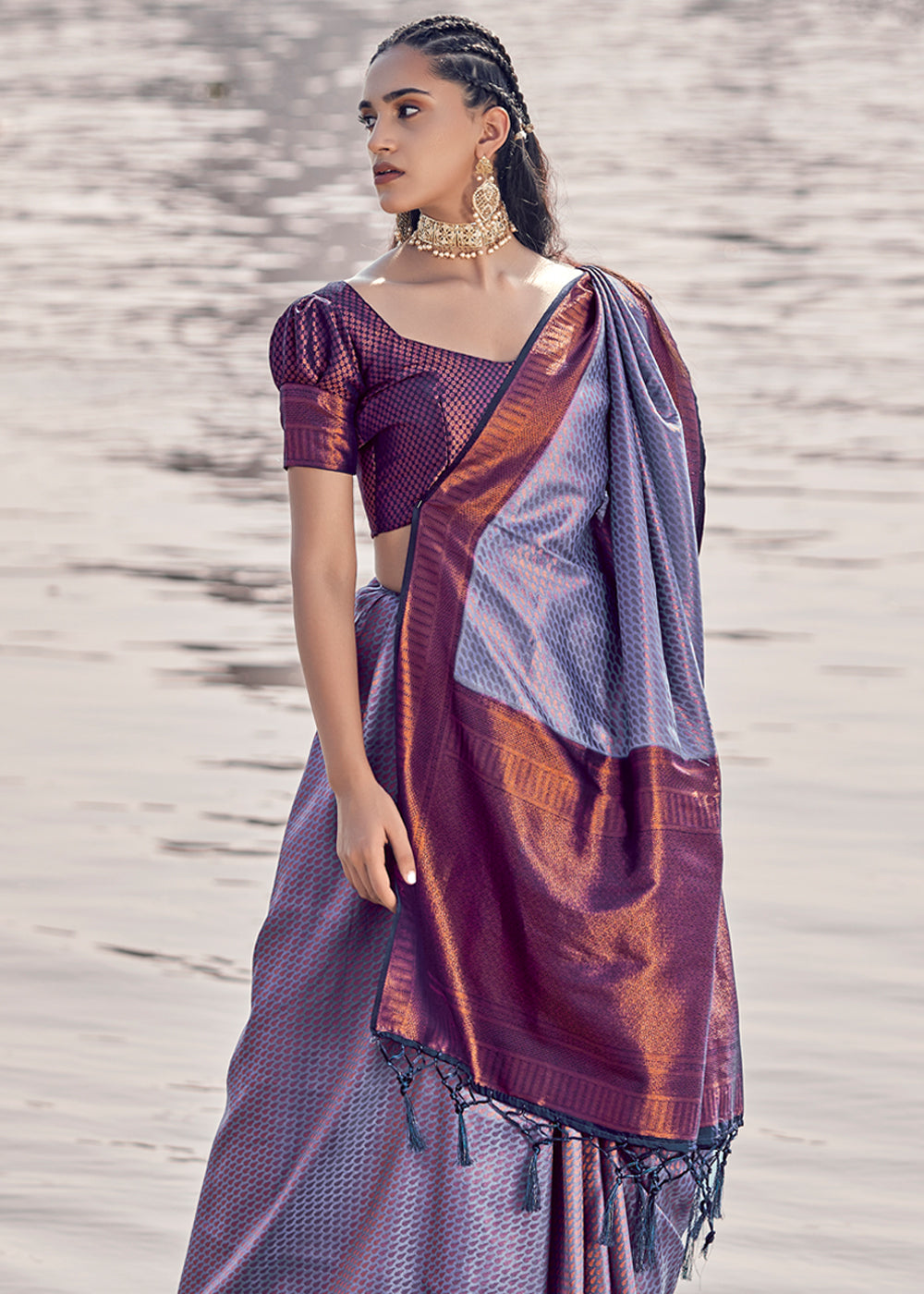 Buy MySilkLove Amethyst Smoke Purple Woven Banarasi Soft Silk Saree Online