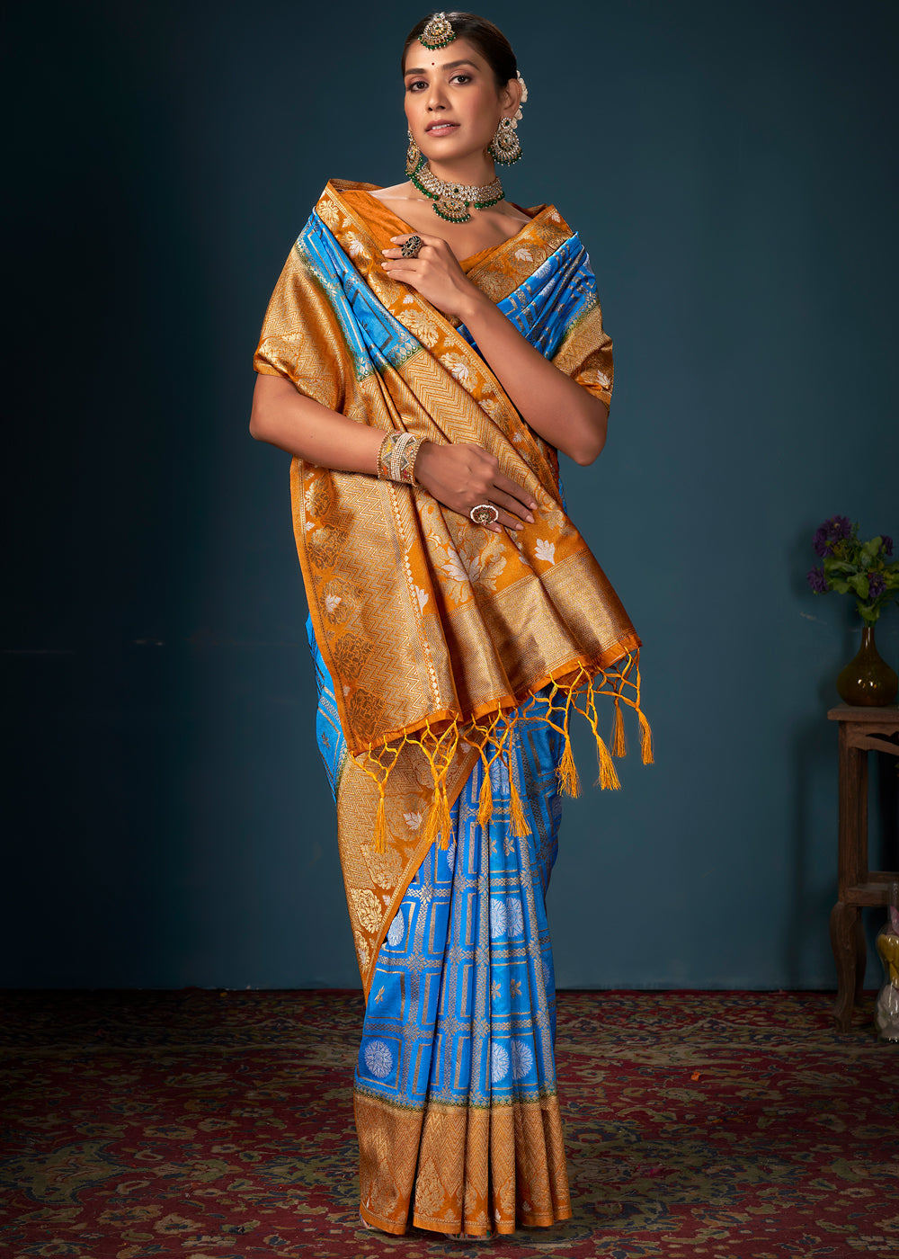 Buy MySilkLove Curious Blue and Orange Woven Banarasi Silk Saree Online