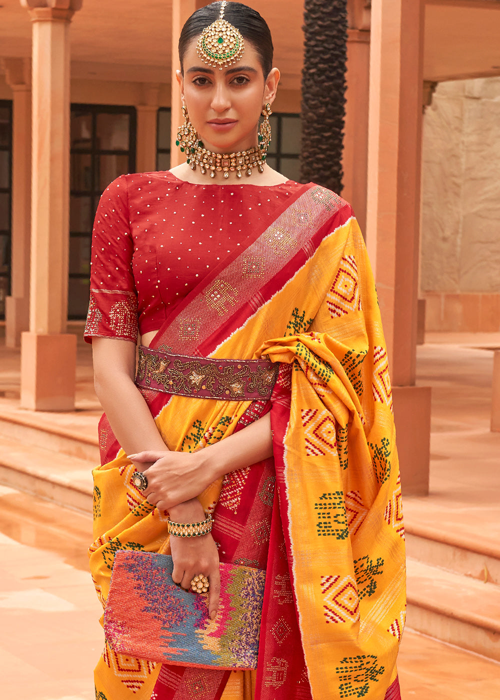 Buy MySilkLove Tree Poppy Yellow and Red Patola Silk Saree Online