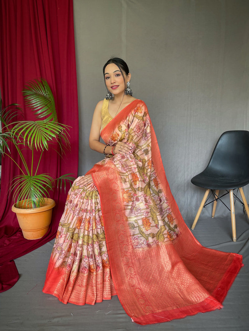 Cosmos Pink Banarasi Silk Saree with Kalamkari Prints