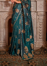 Peacock Blue Woven Satin Silk Saree
