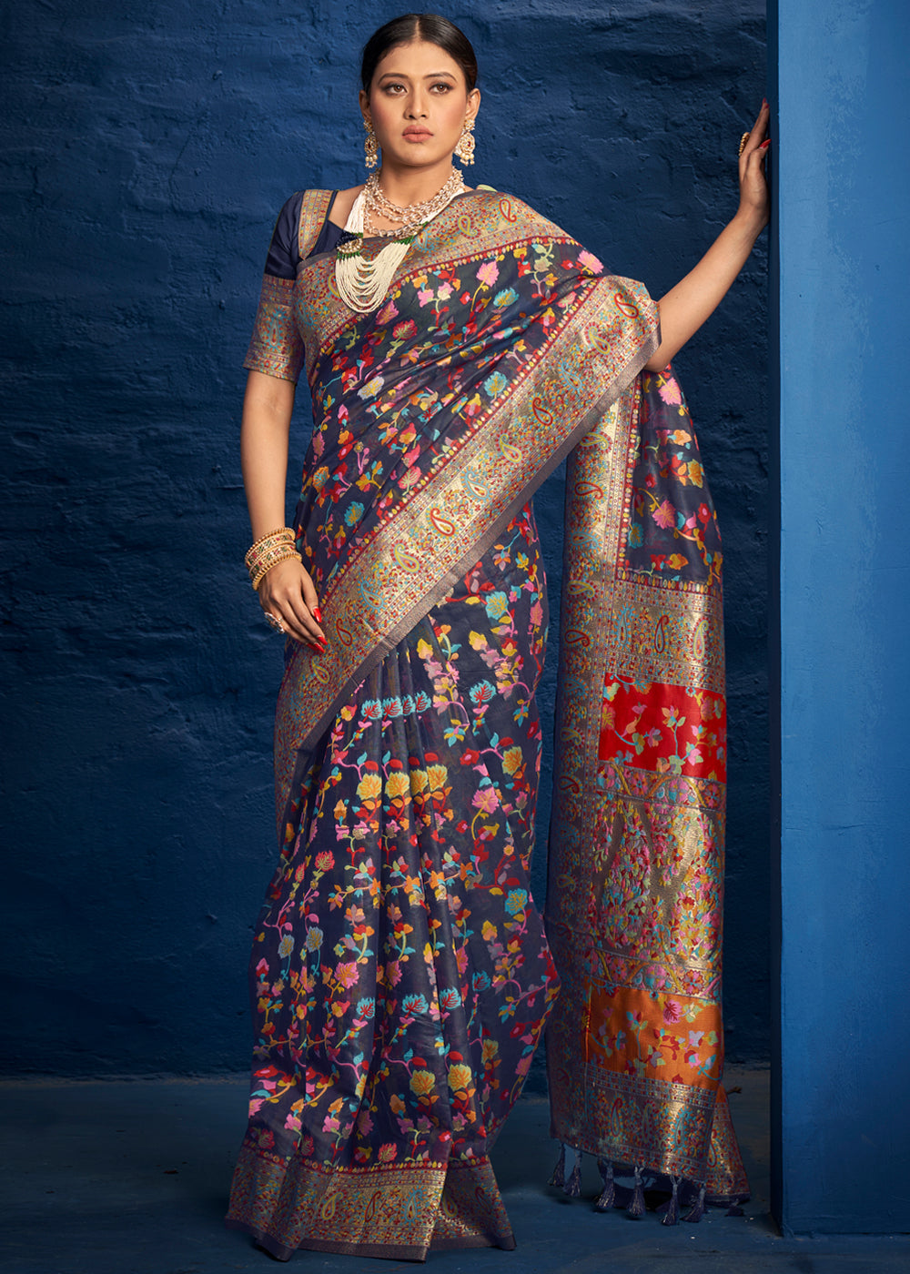 Buy MySilkLove Matterhorn Blue Woven Banarasi Jamewar Saree Online