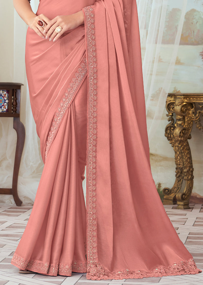 Peach Satin Floral Printed Saree With Zari Embellishment