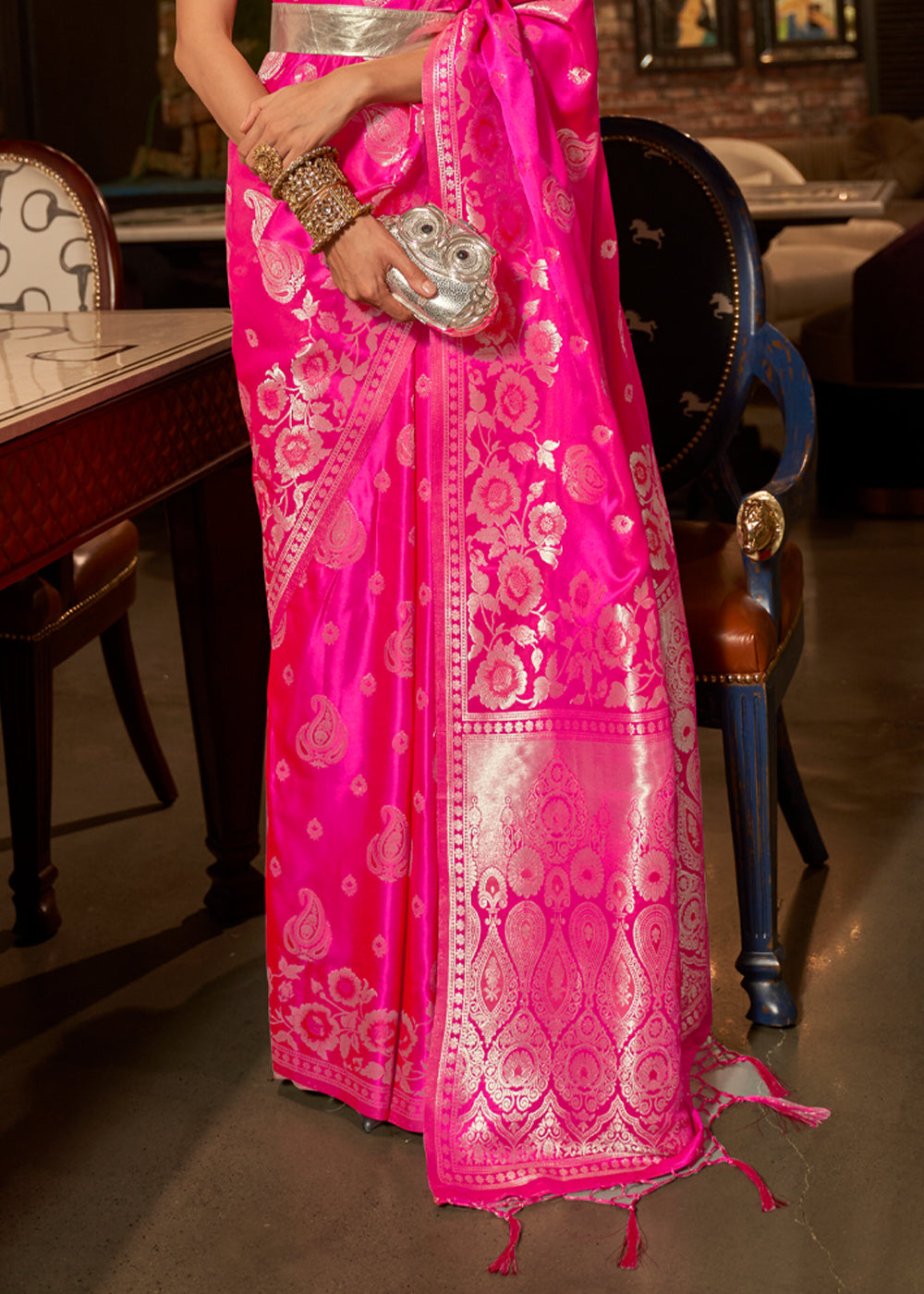 Buy MySilkLove Winter Sky Pink Banarasi Woven Satin Silk Saree Online