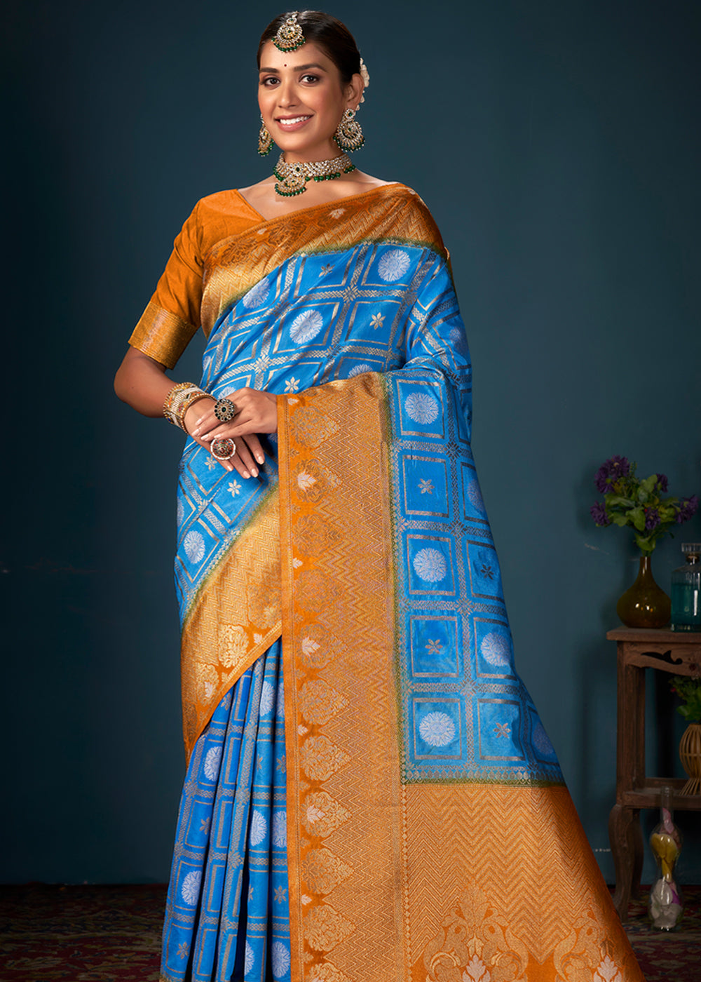 Buy MySilkLove Curious Blue and Orange Woven Banarasi Silk Saree Online