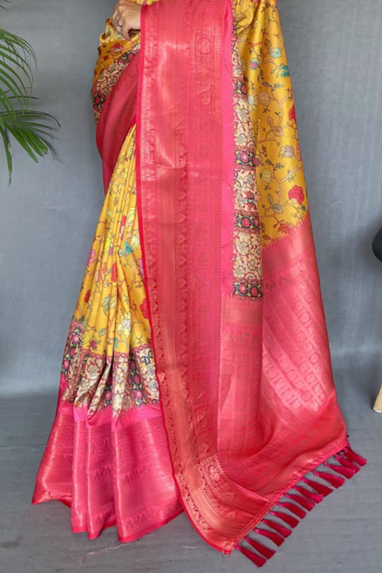 Buy MySilkLove Salomie Yellow and Pink Kalamkari Saree Online