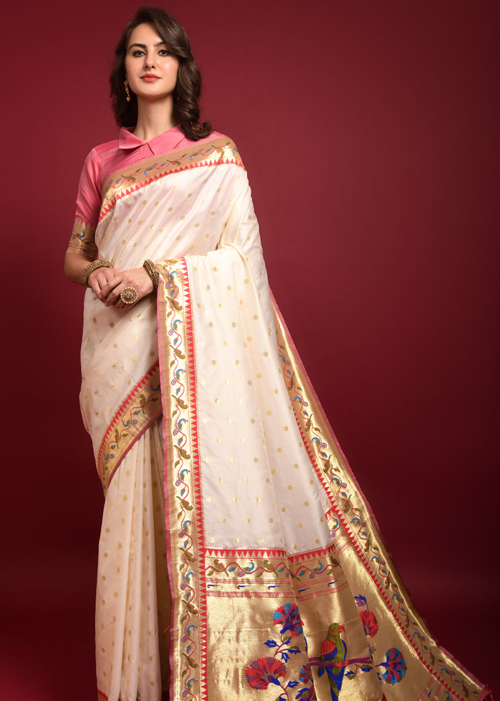 Buy MySilkLove Rose Fog Ivory Woven Paithani Silk Saree Online