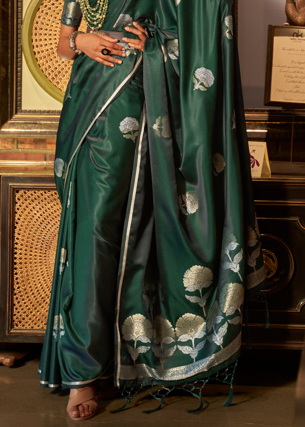 Buy MySilkLove Mineral Dark Green Woven Banarasi Satin Silk Saree Online