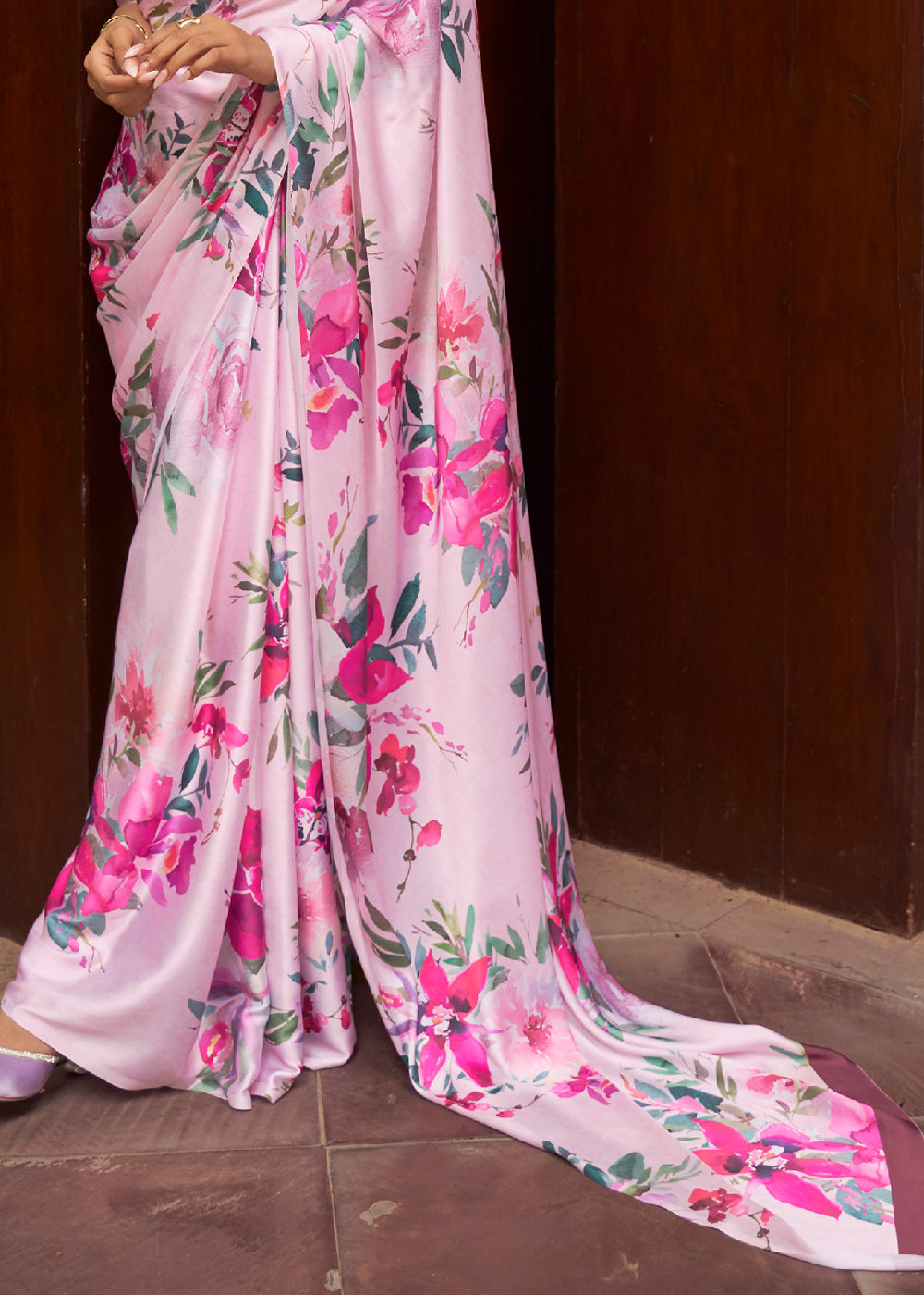 Buy MySilkLove Royal Pink Floral Printed Satin Silk Saree Online