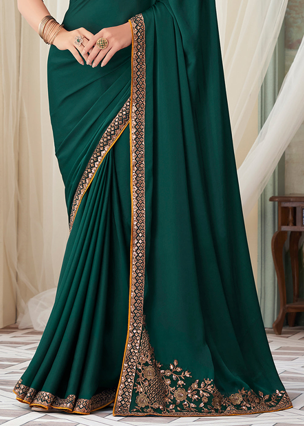 Buy MySilkLove Plantation Green Designer Embroidered Satin Silk Saree Online