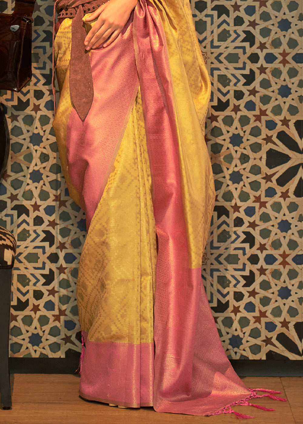 Buy MySilkLove Koromiko Yellow and Pink Banarasi Woven Silk Saree Online