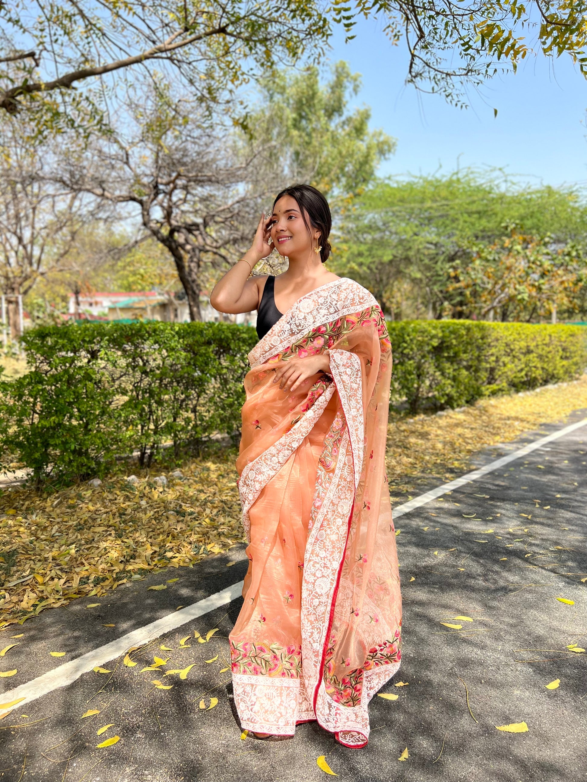 Buy MySilkLove Peach Lucknowi Chikankari Organza Silk Saree Online