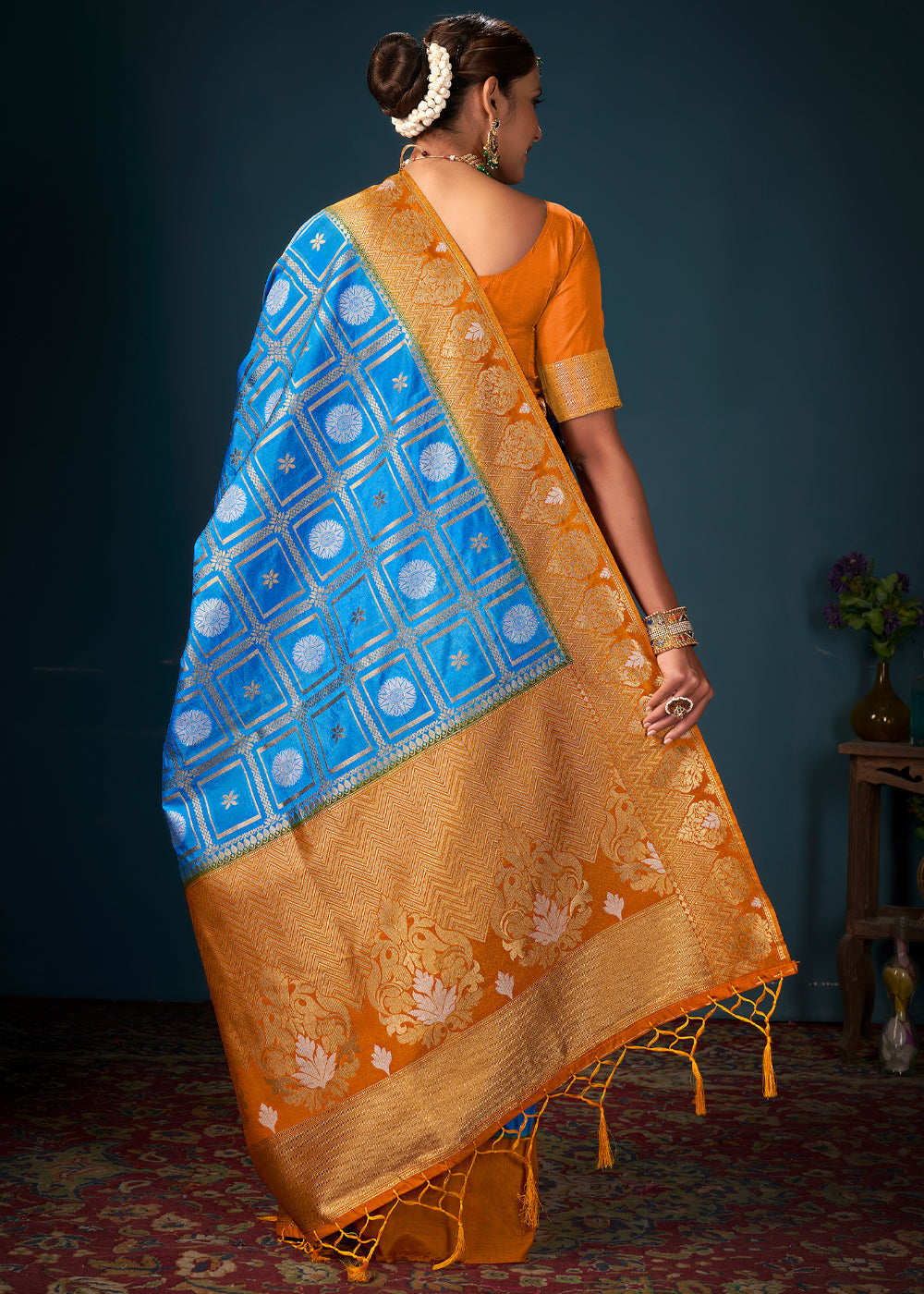 Buy MySilkLove Curious Blue and Orange Woven Banarasi Silk Saree Online