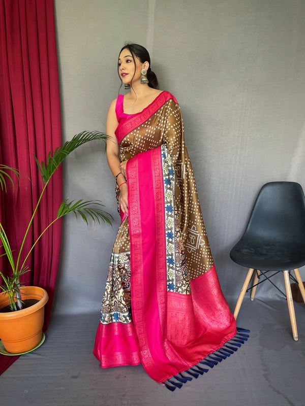 Driftwood Brown Gala Bandhej Kalamkari Printed Silk Saree