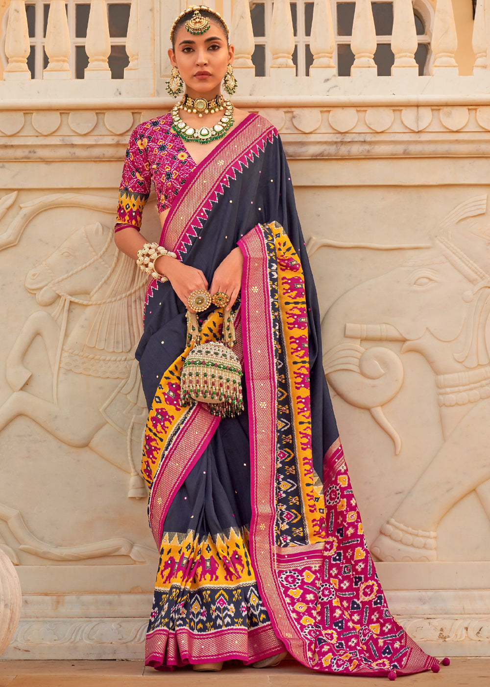 Buy MySilkLove Charade Blue and Pink Woven Patola Silk Saree Online
