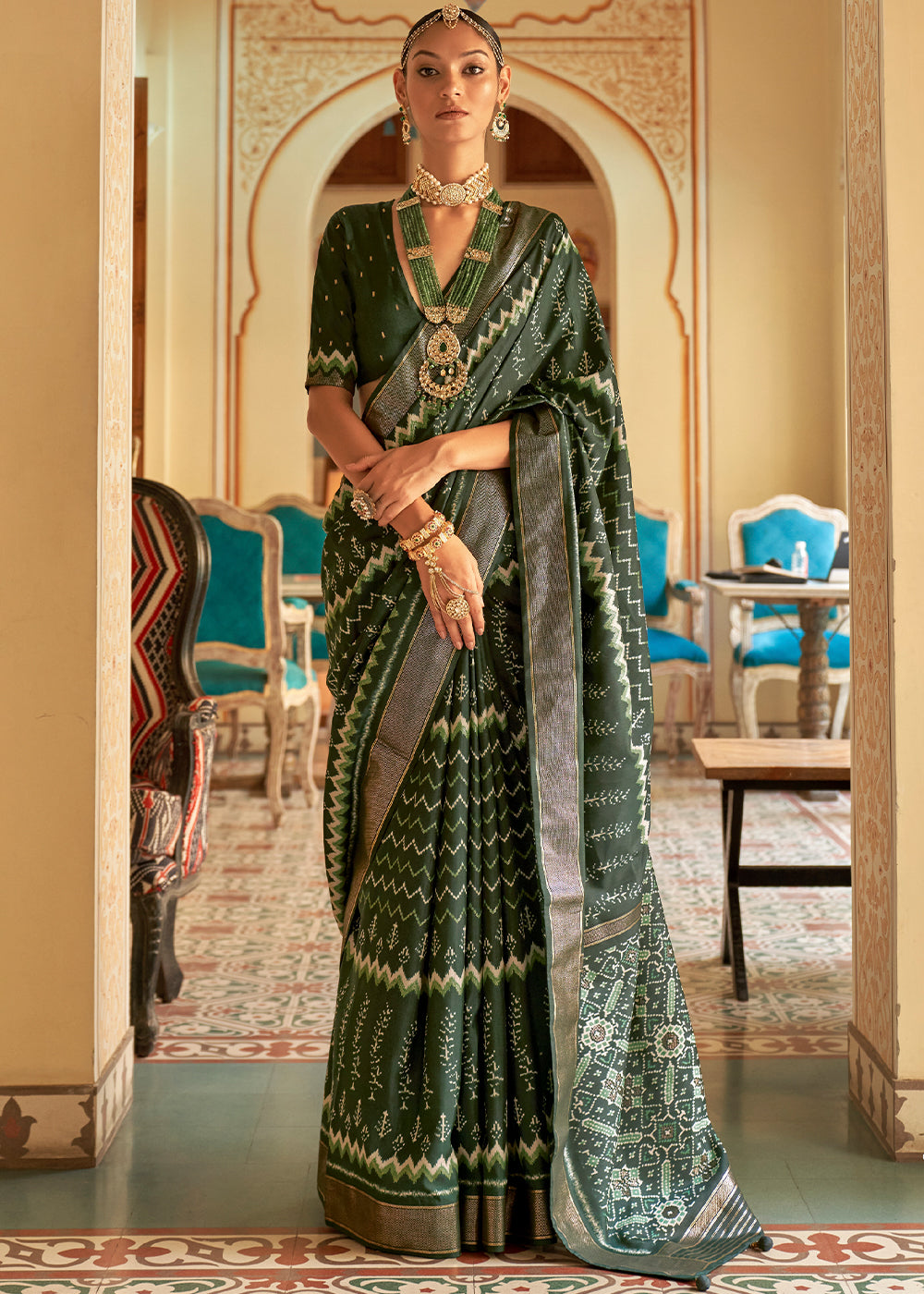 Buy MySilkLove Dark Leaf Green Designer Patola Silk Saree Online