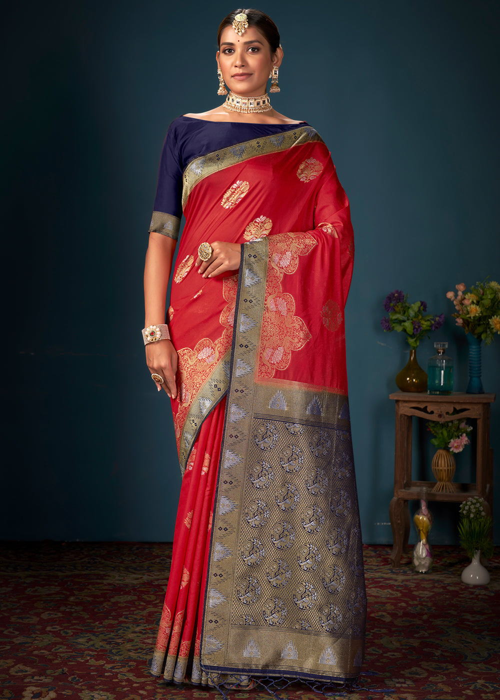 Buy MySilkLove Persimmon Red and Blue Woven Banarasi Silk Saree Online